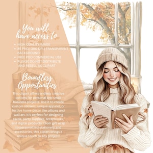 May include: Watercolor illustration of a woman reading a book by a window with autumn leaves. The image includes text about high-quality images, commercial use, and boundless opportunities for creative projects.