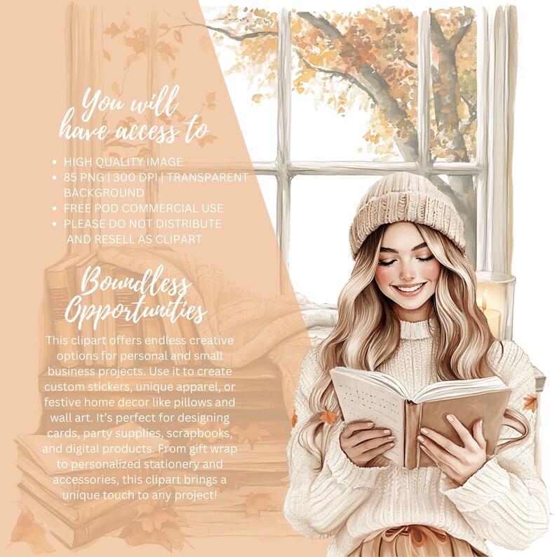 May include: Watercolor illustration of a woman reading a book by a window with autumn leaves. The image includes text about high-quality images, commercial use, and boundless opportunities for creative projects.