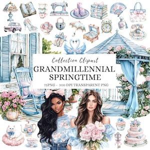 Aquarell Grandmillennial Clipart, Aquarell Frühling Clipart, Chinoiserie Clipart, Frühling Clipart Vintage PNG, digitale Planer Aufkleber