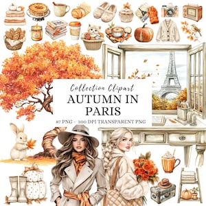 Aquarelle cosy automne Paris Clipart, graphiques Png automne, clipart citrouille aquarelle, automne rustique, douillette fille, Tour Eiffel, Cottagecore