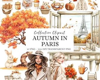 Watercolor Autumn in Paris Clipart, Fall Png Design, Cozy Girl PNG Graphics, Autumn Clipart, Digital Download, Scrapbooking