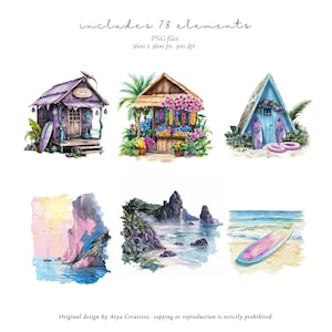 Watercolor Hawaiian Clipart Bundle, Tropical PNG, Beach Vacation Clipart, Luau Summer Graphics, Aloha Island Clipart, Commercial Use image 7