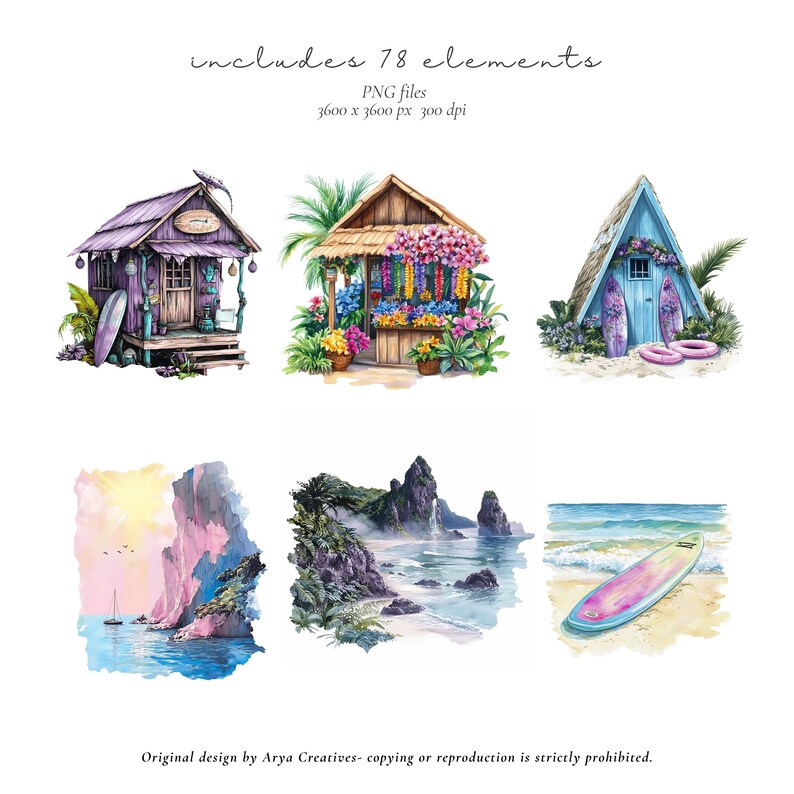 Watercolor Hawaiian Clipart Bundle, Tropical PNG, Beach Vacation Clipart, Luau Summer Graphics, Aloha Island Clipart, Commercial Use image 7