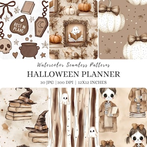 May include: Watercolor seamless patterns for a Halloween planner. The image features various Halloween-themed designs, including pumpkins, ghosts, witch hats, and books. The text "REST IN PLANS" is visible. The planner is 12x12 inches.