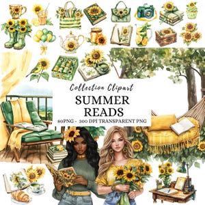 Clipart estivo di girasole ad acquerello, atmosfera estiva, periodo estivo, cottagecore, floreale, PNG giallo, clipart per amanti dei libri, clipart di lettura, album di ritagli