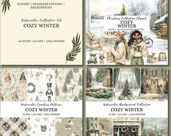 Aquarell gemütlicher Winter Clipart Bundle: Weihnachten PNG Grafiken (digitaler Download)