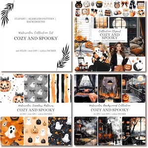 Watercolor Cozy Halloween Clipart Bundle, Large Bundle XX Bundle, Seasonal PNG Graphics, Cute Fall Halloween, Dark Halloween Clipart, Ghost