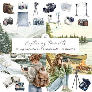 Imágenes prediseñadas de fotógrafo en acuarela: ilustraciones de chicas viajeras, cámara, fotografía PNG, descarga digital, uso comercial