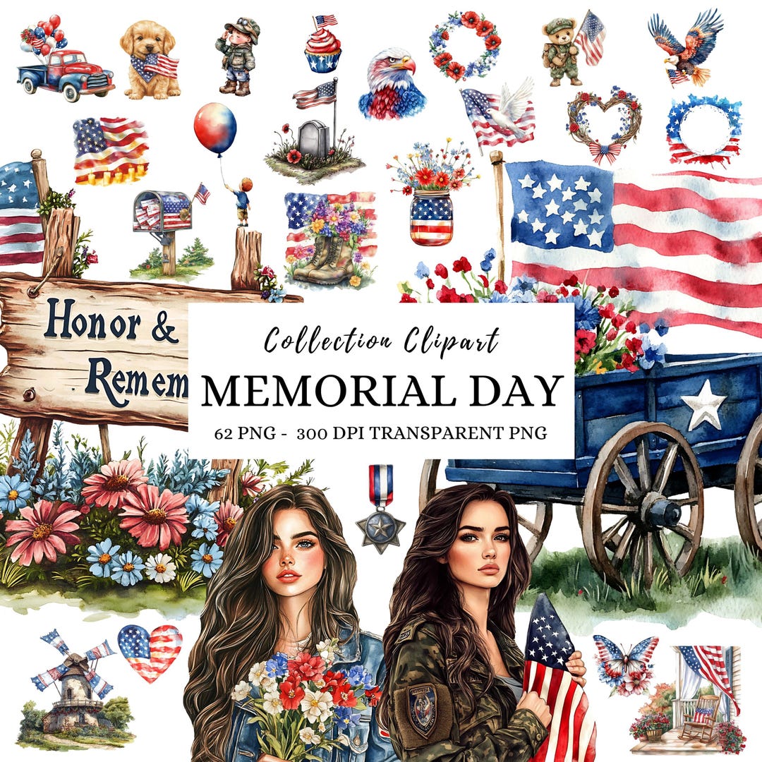 Watercolor Memorial Day Clipart: Patriotic PNG Bundle, American Flag ...