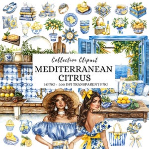 Acuarela de verano mediterráneo, imágenes prediseñadas de azulejos, limones y azulejos mediterráneos, Grecia, azul, imágenes prediseñadas de limón, imágenes prediseñadas griegas
