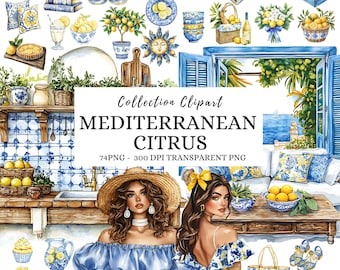 Watercolor Mediterranean Clipart, Lemons, Tiles, Greece, Travel (Digital Download)