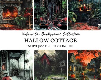 Watercolor Halloween Cottagecore Backgrounds: Fall Scenery Digital Paper, Commercial Use