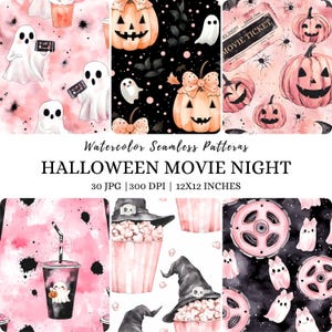 Könnte beinhalten: Aquarell-Nahtlosmuster mit Halloween-Themen. Die Designs umfassen Geister, Kürbisse, Popcorn, Kinokarten und Hexenhüte. Der Text lautet "HALLOWEEN MOVIE NIGHT" und "12x12 INCHES". Die Farbpalette ist rosa, schwarz und orange.