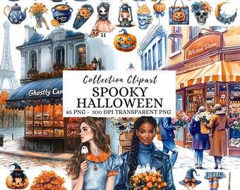 Clipart de Halloween espeluznante en acuarela, PNG de Halloween azul lindo, Clipart de Halloween acogedor, Clipart de fantasma de otoño, Png de temporada espeluznante, Calabaza, Bruja