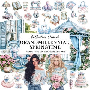 Watercolor Grandmillennial Clipart: Floral Spring PNG, Springtime Illustration