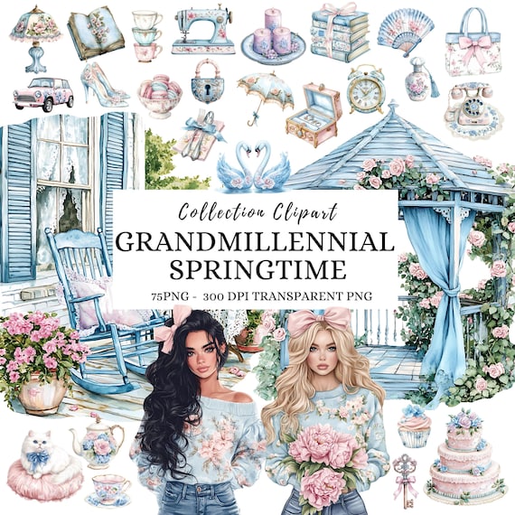 Watercolor Grandmillennial Clipart: Floral Spring PNG, Springtime Illustration