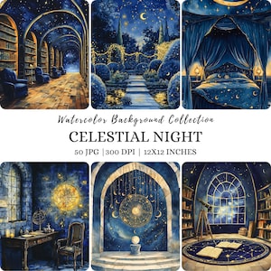 Könnte beinhalten: Eine Sammlung von Aquarellhintergründen mit dem Thema Nachthimmel. Die Bilder zeigen Szenen wie eine Bibliothek, einen Gartenweg, ein Schlafzimmer und Himmelskunst. Der Text auf dem Bild lautet "CELESTIAL NIGHT" und "12x12 INCHES".
