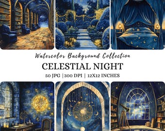 Watercolor Celestial Backgrounds: Moon, Stars, Magic (50 JPG Digital Download)