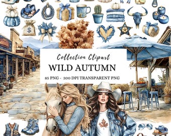 Watercolor Western Autumn Clipart: Cozy Cowgirl, Horse, Rustic Graphics (Digital Download)
