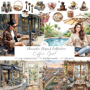 Coffee Girl Clipart PNG Bundle, Cafe Clipart Set, Cozy Coffee Aesthetic, Coffee Lover, Hot Coffee time, Digital Planner Stickers, Scrapbook