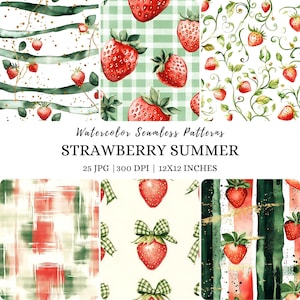 May include: A set of 25 digital watercolor seamless patterns featuring strawberries in various styles. The patterns include strawberries with bows, strawberries on vines, strawberries on a gingham background, and strawberries on a striped background. The patterns are perfect for creating digital or printed projects.