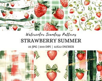 May include: A set of 25 digital watercolour seamless patterns featuring strawberries in various styles. The patterns include strawberries with bows, strawberries on vines, strawberries on a gingham background, and strawberries on a striped background. The patterns are perfect for creating digital or printed projects.