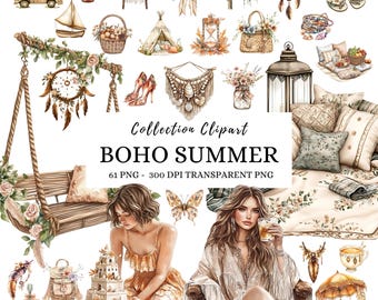 Può includere: Una collezione di 61 immagini clipart estive boho, tra cui un'altalena, una lanterna, un acchiappasogni, una farfalla, una donna seduta su una sedia, una donna che costruisce un castello di sabbia, una pianta in vaso, un furgone vintage, un cesto di vimini, un teepee, una clessidra, un paio di sandali, un set di cuscini, una chitarra, uno zaino, una tazza di tè e un ombrello. Le immagini sono in stile acquerello e sono perfette per creare inviti, biglietti e altri oggetti artigianali.