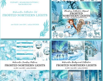 Watercolor Northern Lights Clipart Bundle: Winter Aurora Borealis (Digital Download)