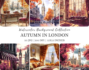 Watercolor Autumn London Clipart: Big Ben, Cozy Fall Scenes, Travel Clipart  (JPG Digital Download)