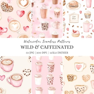 Patrón de café en acuarela, patrones sin costuras en color rosa, amante del café, patrón de granos de café, fondo de café, papel digital de café, álbum de recortes