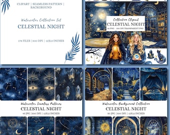 Watercolor Celestial Clipart Bundle: Mystical Stars, Moon, & Patterns (Digital Download)