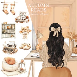 May include: Watercolor illustration with the text "AUTUMN READS Collection Clipart". The image features a cozy autumn theme with a person at a desk, a cat, books, pumpkins, and other fall-themed items.