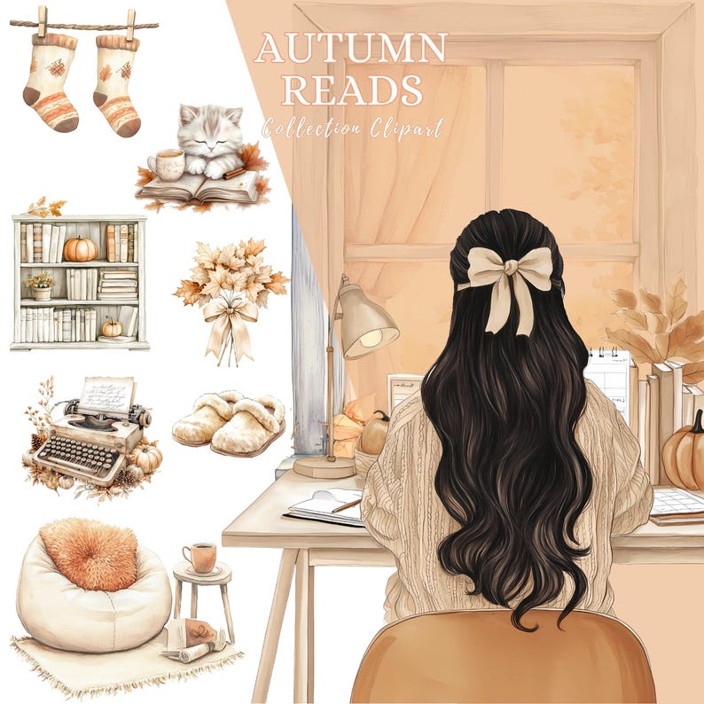 May include: Watercolor illustration with the text "AUTUMN READS Collection Clipart". The image features a cozy autumn theme with a person at a desk, a cat, books, pumpkins, and other fall-themed items.