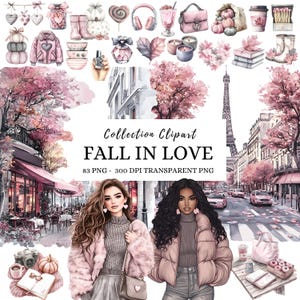 Può includere: Raccolta di clipart ad acquerello intitolata "Fall in Love" con illustrazioni a tema autunnale, moda e scene parigine. Include immagini di zucche, tazze di caffè e la Torre Eiffel, il tutto in una morbida tavolozza di colori rosa.