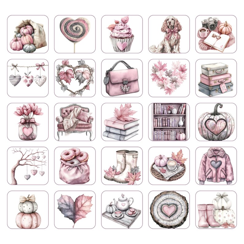 May include: A collection of watercolor illustrations featuring autumn and Valentine's Day themes. The images include pumpkins, hearts, cupcakes, a dog, books, a purse, and a jacket, all in shades of pink and gray.