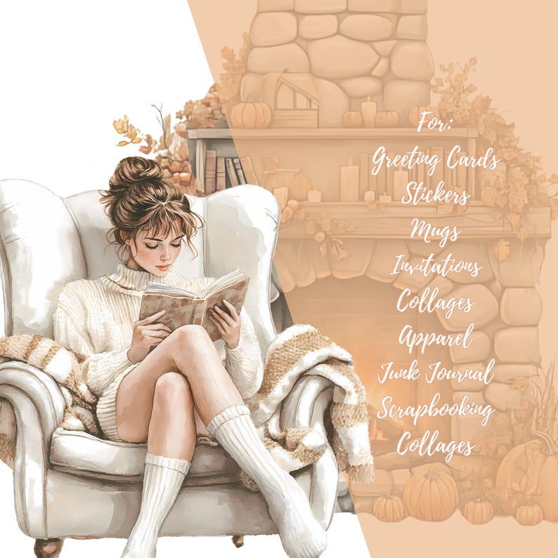 May include: Watercolor illustration of a person reading a book while sitting in a white armchair. The person is wearing a cream-colored sweater and socks. The background includes a fireplace, pumpkins, and text that says "For: Greeting Cards, Stickers, Mugs, Invitations, Collages, Apparel, Junk Journal, Scrapbooking Collages."