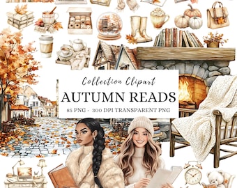 Watercolor Autumn Clipart, Cozy Reading PNG Graphics, Book Lover Vibes (Digital Download)