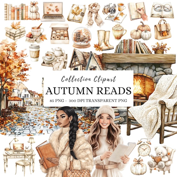 Watercolor Autumn Clipart, Cozy Reading PNG Graphics, Book Lover Vibes (Digital Download)