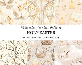 Religious Easter Seamless Pattern: Cross, Lily, He is Risen (Digital Download)