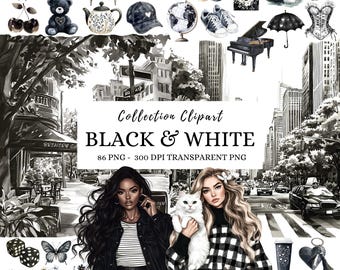 Watercolor Black White Clipart, Monochrome Flowers, Checkered, Shabby Chic (Digital Download)