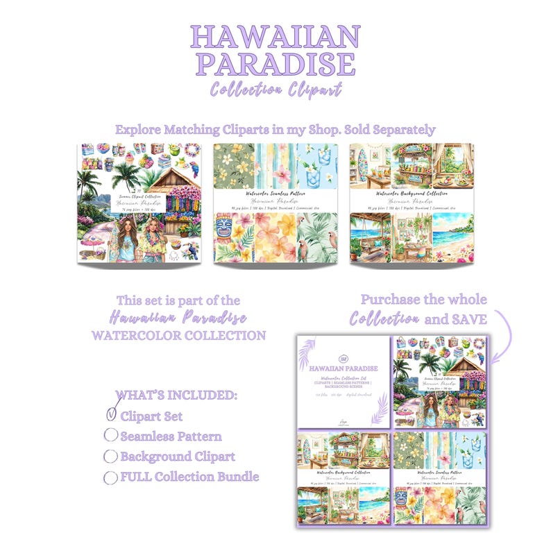 Watercolor Hawaiian Clipart Bundle, Tropical PNG, Beach Vacation Clipart, Luau Summer Graphics, Aloha Island Clipart, Commercial Use image 2