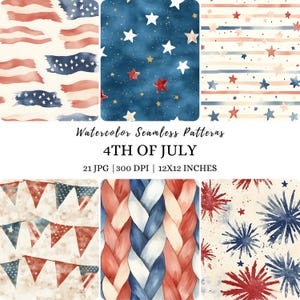 Fourth of July Seamless Patterns, July 4th Independence Day Printable Papers in Red and Blue, Patriotic USA Digital Papers, USA Pattern