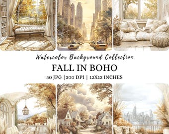 Watercolor Boho Landscape, Cozy Autumn, Neutral Fall Jpg Graphics, Beige Autumnal Vibes, Rustic Autumn Clipart, Autumn Digital Backgrounds