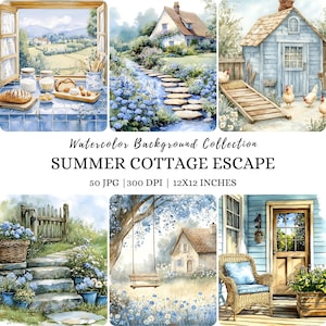 Sfondo Cottagecore ad acquerello, paesaggio rustico, estetica Cottagecore, cottage con giardinaggio, campagna inglese JPG, clipart estiva