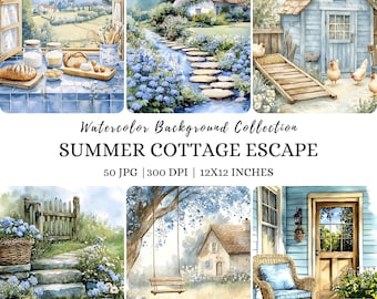 May include: Watercolor background collection featuring six idyllic cottage scenes. The images showcase charming houses, stone pathways, and lush gardens with blue and green hues. Text reads "SUMMER COTTAGE ESCAPE" and "12x12 INCHES".