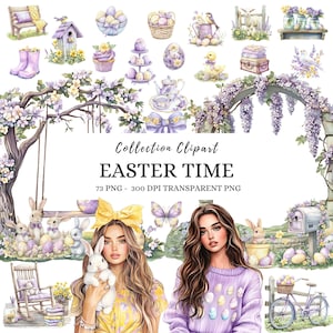 Clipart di Pasqua ad acquerello, primavera ad acquerello, uovo di Pasqua, coniglietto di Pasqua, clipart primaverile carina, adesivi digitali per cottage primaverili, scrapbooking