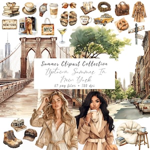 Può includere: Illustrazione ad acquerello con clipart a tema New York City. Include immagini del ponte di Brooklyn, un taxi giallo, un pretzel e due donne. Il testo recita "Summer Clipart Collection Uptown Summers In New York".