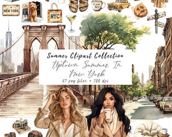 Watercolor New York City Clipart, Summer Clipart, Traveler Clipart, NYC Clipart, Summertime, America Clipart, Girls Travel Png, Scrapbooking