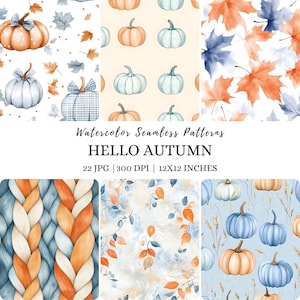 May include: A set of 12 digital seamless patterns featuring watercolor illustrations of pumpkins, leaves, and woven textures in shades of blue, orange, and white. The patterns are perfect for fall-themed crafts, home decor, and digital projects.  The text "HELLO AUTUMN" is displayed in the center of the image.