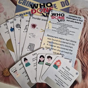 May include: A selection of cards from a "Who Done It?" murder mystery game. The cards display illustrations, text, and clues, with the game title clearly visible. The cards include character profiles and crime scene details.
